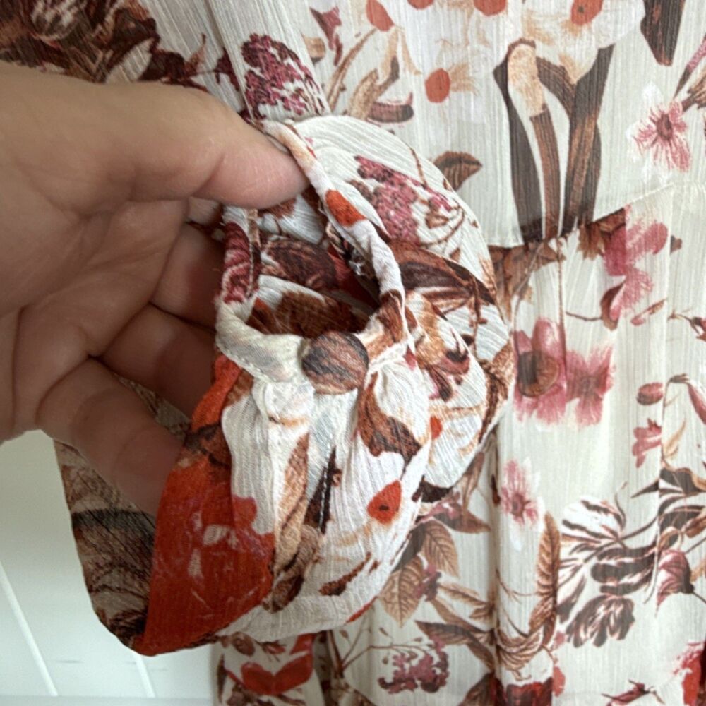 H&M Ivory Red Floral Chiffon Mini Dress 2 V-Neck Balloon Long Sleeve Lined - Picture 3 of 13